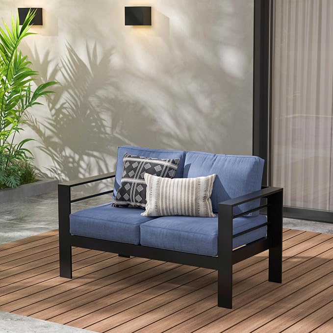 Wisteria Lane Aluminum Outdoor Sofa, 2 Seats Patio Couch All-Weather Rust-Proof Modern Metal Patio Furniture with 5" Thick Olefin Cushions, Light Grey