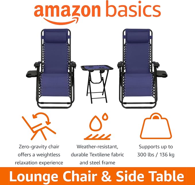 Amazon Basics Outdoor Adjustable Zero Gravity Folding Reclining Lounge Chair with Cup Holder, Headrest Pillow, Detachable Side Table, Weather Resistant, Set of 2, Blue