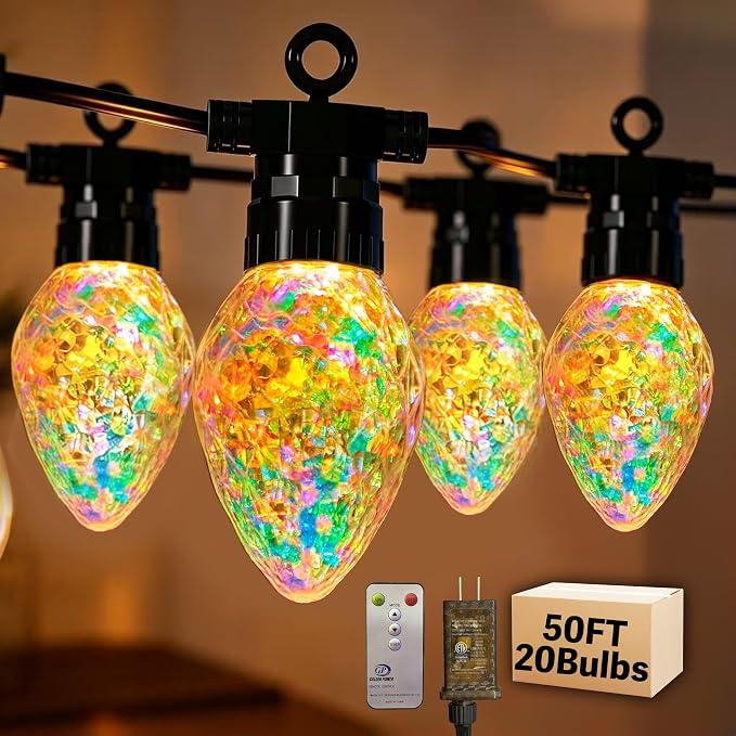 Outdoor String Lights, 50FT 20 LED Iridescent Holographic Bulbs, Waterproof Patio Lights with Remote Control, Shatterproof Connectable Lights for Backyard, Porch, Garden, and Party