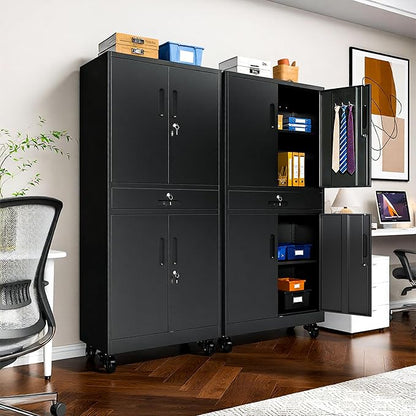 Metal Garage Storage Cabinet with Drawer and Pegboard Doors, 71'' Tall Storage Cabinet with Adjustable Shelves and Lock, Rolling Tool Cabinet on Wheels for Garage, Utility Room (Black)