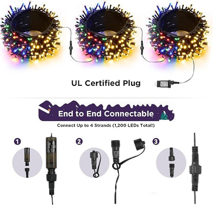WBao Christmas Lights Indoor Outdoor 300LED 100FT, Color Changing Christmas String Lights with Remote, UL Certified, 11 Modes, Timer, Connectable & Waterproof for Party Decor, Warm White & Multicolor
