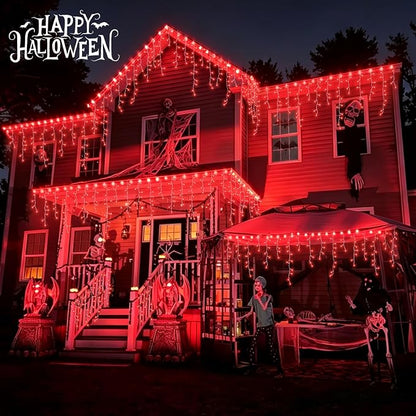 QITONG Red Halloween Lights, 33ft 400 LED Icicle Light for Outside with 8 Modes, Clear Wire Connectable Christmas String Lights Indoor Outdoor Plug in