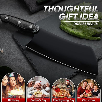 Dream Reach Meat Cleaver Knife- Full Tang Hand Forged Black Butcher Knife for Kitchen BBQ, Birthday Mother Father Gift