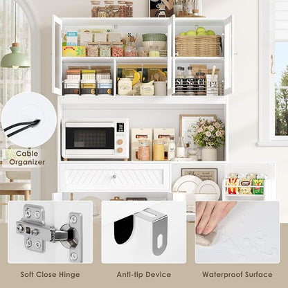 BOTLOG 72” Tall Kitchen Pantry Storage Cabinet with Painted Strip Door | Modern White Kitchen Hutch with Large Storage Drawer, Countertop, Adjustable Shelves for Dining Room, Living Room
