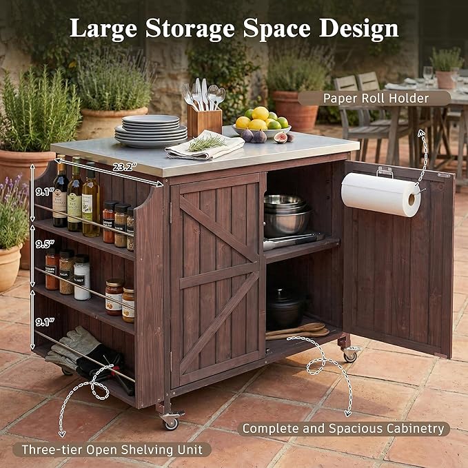 42.1-Inch Mobile Prep Station with Stainless Steel Countertop, Outdoor Grill Cart cart with Adjustable Shelf, Storage Cabinet and Side Shelf for Backyard BBQ & Pizza