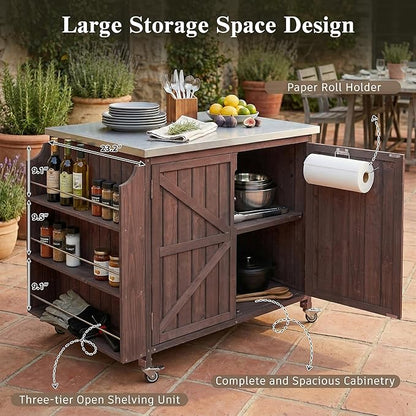 42.1-Inch Mobile Prep Station with Stainless Steel Countertop, Outdoor Grill Cart cart with Adjustable Shelf, Storage Cabinet and Side Shelf for Backyard BBQ & Pizza