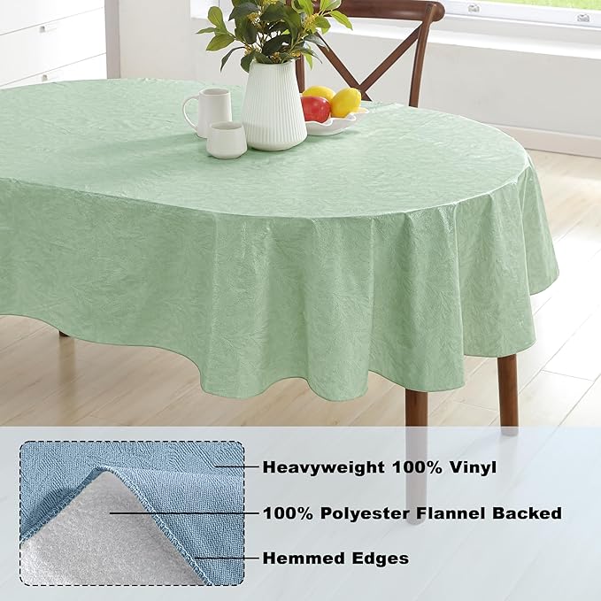 Newbridge Napa Leaf Sage Green Vinyl Flannel Backed Tablecloth, 60 x 84 Inch Oval, Hotel Quality Waterproof Indoor Outdoor Table Cover for Kitchen, Patio, Dining, BBQ
