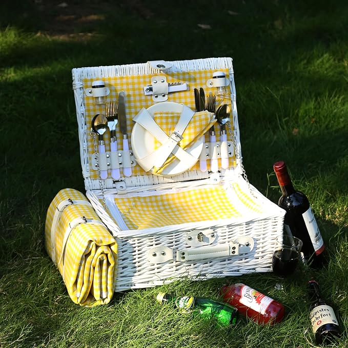 Wicker Picnic Basket Set for 4, Blanket, Cooler Bag, Yellow Grid | Four-Person Wicker Set Includes Tableware, Insulated Food Storage and Waterproof Blanket for Parks, Camping, Dates and Gifts