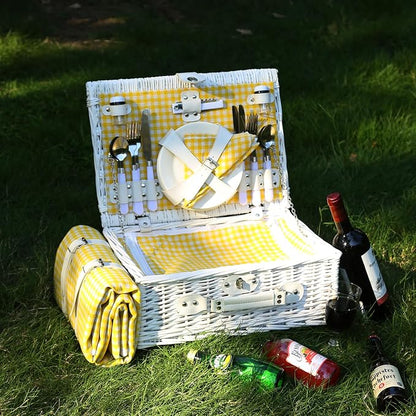 Wicker Picnic Basket Set for 4, Blanket, Cooler Bag, Yellow Grid | Four-Person Wicker Set Includes Tableware, Insulated Food Storage and Waterproof Blanket for Parks, Camping, Dates and Gifts
