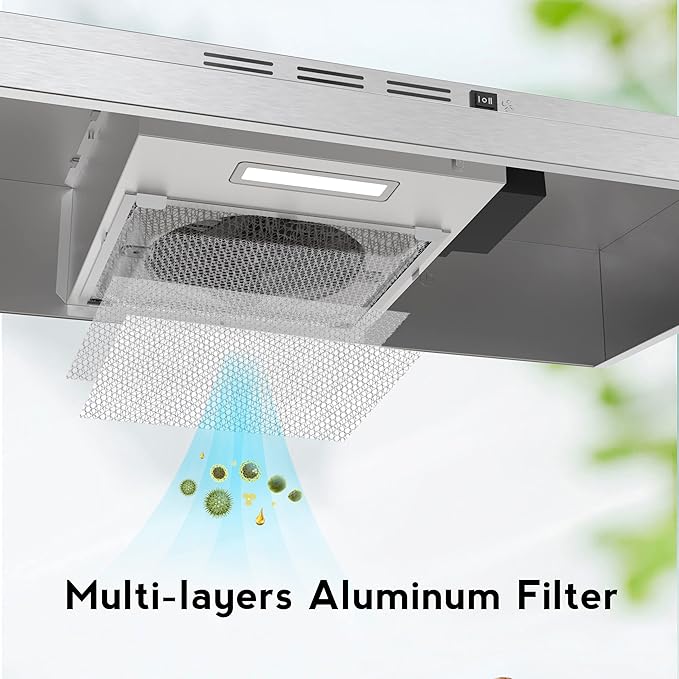 FIREGAS 30 Inch Under Cabinet Range Hood, 300 CFM Powerful & 45dB Quiet Vent Hood, Slim Stainless Steel Stove Hood for Kitchen & Apartments, 2-Speed Exhaust Fan, Ducted/Ductless Convertible