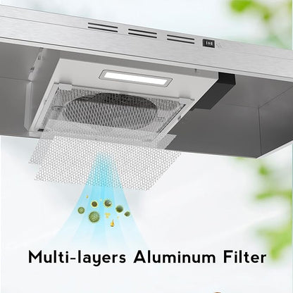 FIREGAS 30 Inch Under Cabinet Range Hood, 300 CFM Powerful & 45dB Quiet Vent Hood, Slim Stainless Steel Stove Hood for Kitchen & Apartments, 2-Speed Exhaust Fan, Ducted/Ductless Convertible