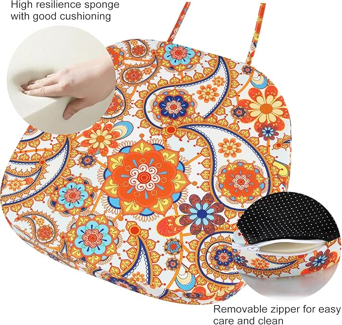 GUEGLSA Outdoor Waterproof Seat Cushions 14x14 inch, Non Slip Metal Chair Pad with Ties, U Shaped Metal Chair Cushion for Kitchen Dining Patio Chair, Set of 2, Orange Paisley