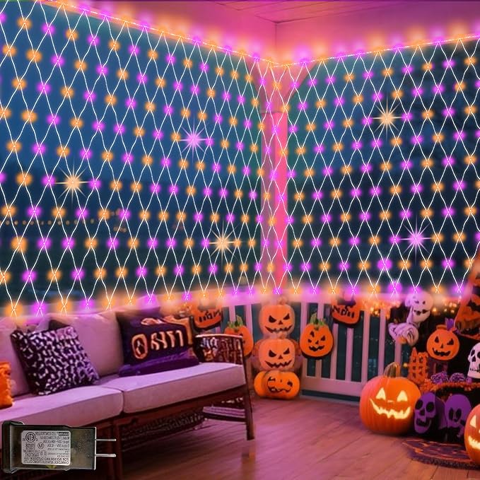 Pooqla Orange and Purple Halloween Net Lights Outdoor, 15x 5ft Green Wire | 300 LED Large Net Mesh Lights Plug in, 8 Modes Waterproof Connectable Bushes Lights for Halloween Hedge Yard Decor