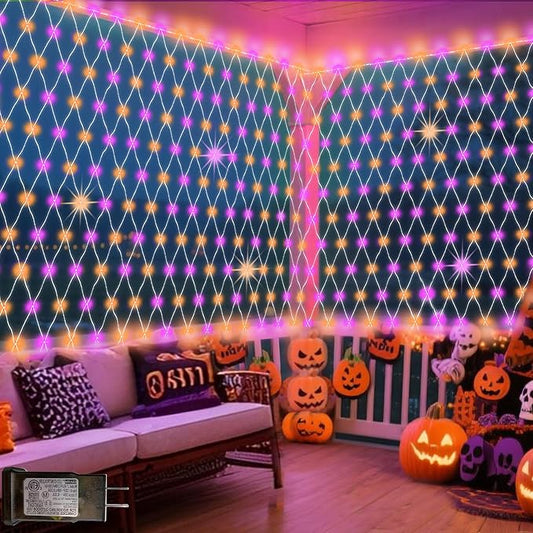 Pooqla Orange and Purple Halloween Net Lights Outdoor, 15x 5ft Green Wire | 300 LED Large Net Mesh Lights Plug in, 8 Modes Waterproof Connectable Bushes Lights for Halloween Hedge Yard Decor