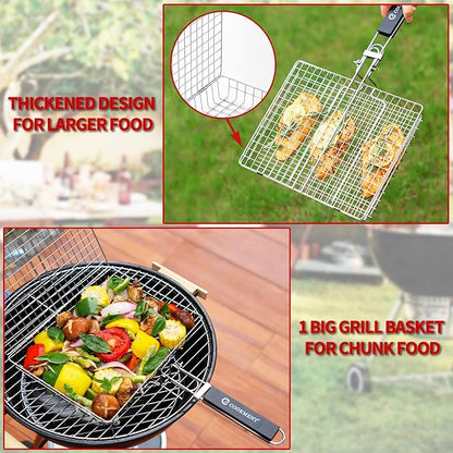 JY COOKMENT Grill Basket Stainless Steel with Portable Removable Handle, Grilling Basket-BBQ Accessories for Vegetable, Shrimp, Fish, Steak and Outdoor Use-Dishwasher Safe