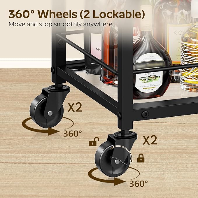 Bar Cart, 3-Tier Home Bar Serving Cart with Wheels, Drink Cart with Glass Holder, Beverage Cart, Rolling Kitchen Cart, for Home, Living Room, Transparent and Black BC03BK