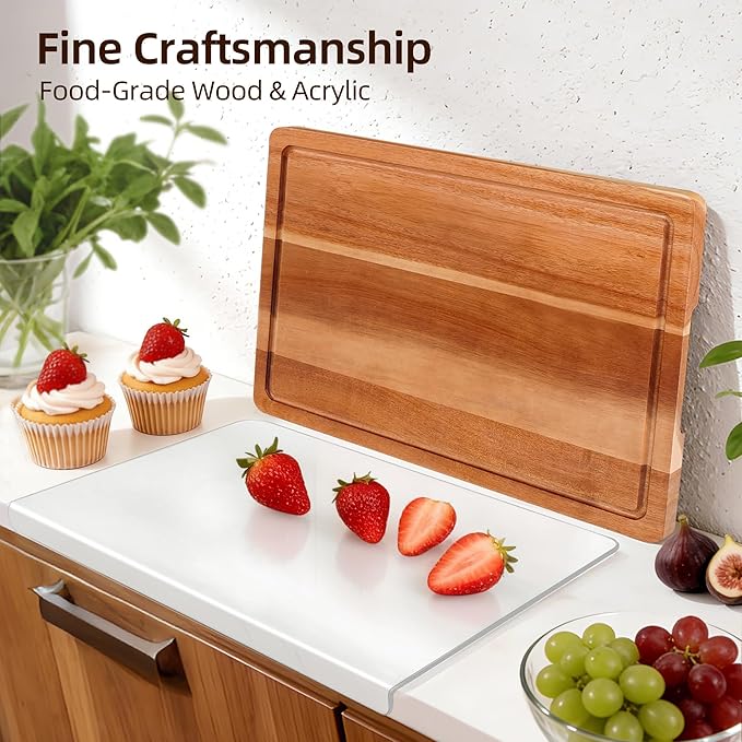 Cutting Board Set of 2 – Acacia Wood & Acrylic Cutting Board with Counter Lip for Kitchen, Wooden Chopping Board with Juice Grooves for Vegetables, Fruits, Meat