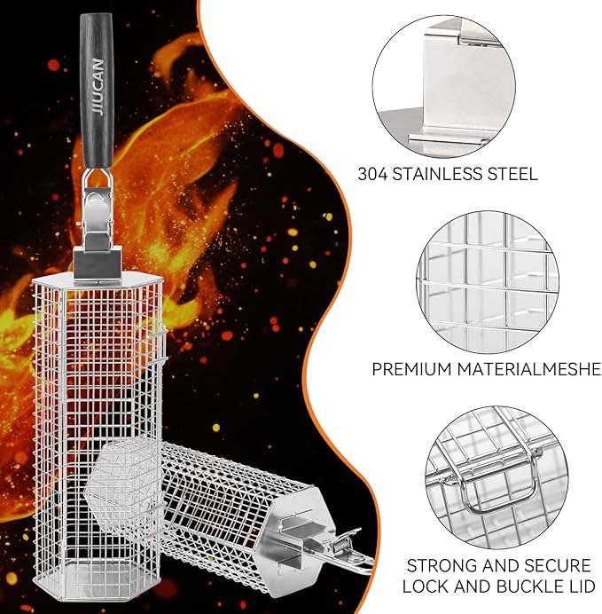 Grill Baskets Set, 2 PCS Stainless Steel Grill Baskets with Removable Wooden Handles, Nesting BBQ Tools, Hexagon Design for Outdoor Cooking Camping, Birthday Gifts for Men Dad Husband