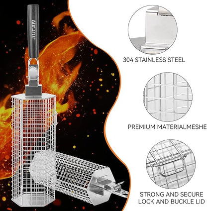 Grill Baskets Set, 2 PCS Stainless Steel Grill Baskets with Removable Wooden Handles, Nesting BBQ Tools, Hexagon Design for Outdoor Cooking Camping, Birthday Gifts for Men Dad Husband