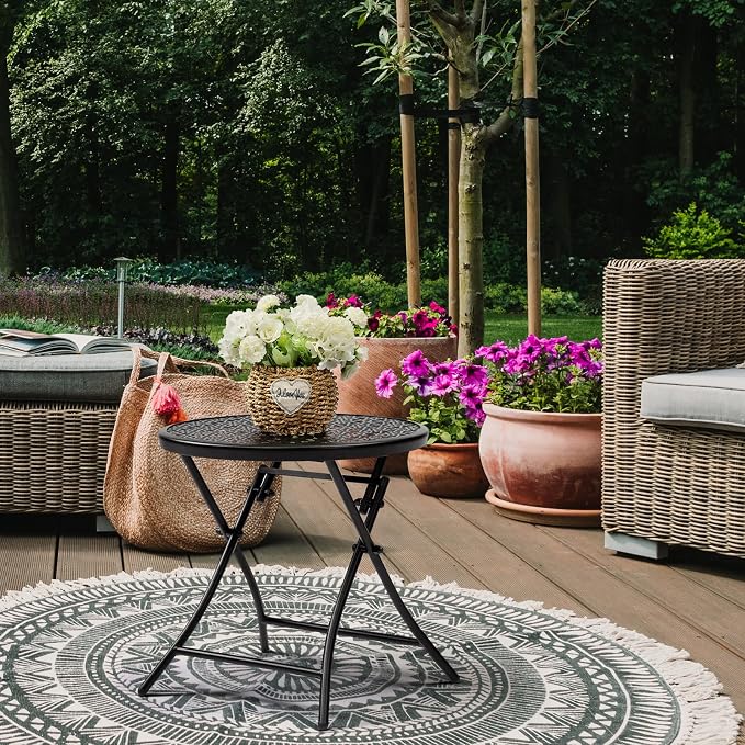 TeoKJ Folding Small Outdoor Side Table, No Assembly Metal Desk, Black x 2 | Metal Round Anti Rust Patio Table, Small Nightstand with Flower Cutouts, for Porch Yard, Balcony, Lawn, Pool, Lightweight