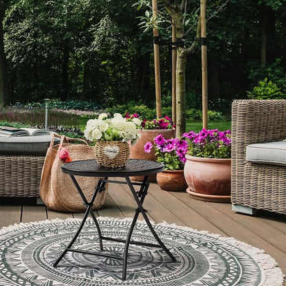 TeoKJ Folding Small Outdoor Side Table, No Assembly Patio Metal Desk, Black | Metal Round Anti Rust Patio Table, Small Nightstand with Flower Cutouts, for Porch Yard, Balcony, Lawn, Pool, Lightweight