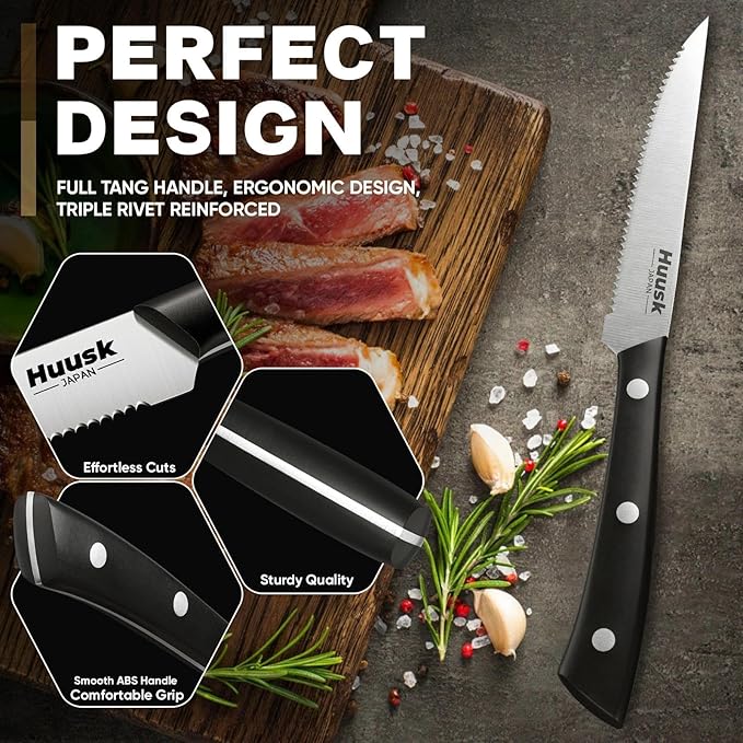 Huusk Steak Knives Set of 6, Sharp Serrated Steak Knives with Full Tang Handle, Japanese Stainless Steel Stake Knife Set for Dinner Kitchen Table, Birthday Gifts Box for Men Women