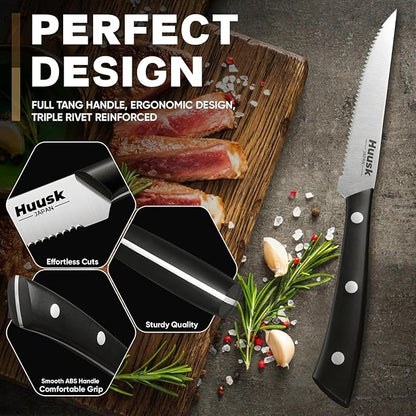 Huusk Steak Knives Set of 6, Sharp Serrated Steak Knives with Full Tang Handle, Japanese Stainless Steel Stake Knife Set for Dinner Kitchen Table, Birthday Gifts Box for Men Women