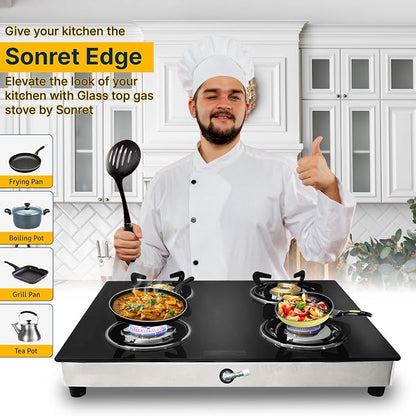 24 Inch Gas Cooktop, Tempered Glass Gas Stove with 4 Burner | Stainless Steel Lower Body Countertop Gas Stove for RV Propane Stove, Apartment & Outdoor Use with Hose Pipe & Regulator