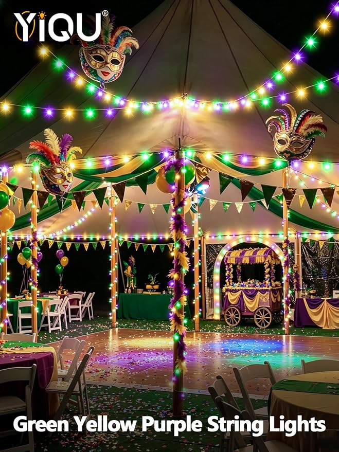 200 LED Extendable Green Yellow Purple Mardi Gras Lights Outdoor Indoor | 75.8FT, Timer & Memory Function,8 Modes,Plug in String Lights Waterproof for Creepy Halloween Party Tree Roof Graveyard Decor
