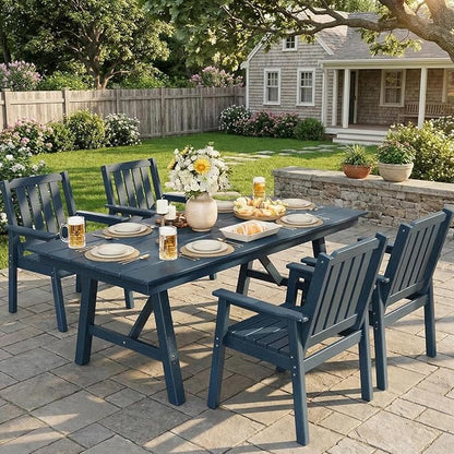 GarveeLife 5-Piece Outdoor Dining Set for Patio 4 People, HDPE All Weather Furniture Table Set with Large Table Umbrella Hole, Modern Outdoor Dining Chairs Armrest for Backyard Garden Deck（Navy Blue）