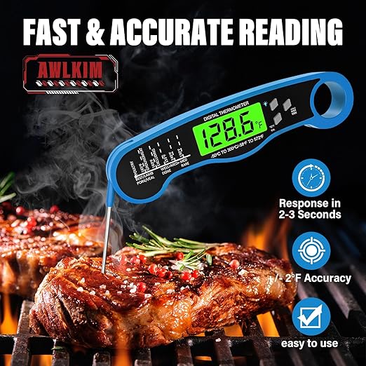 Fast Instant Read Meat Thermometer with Backlight - Waterproof Digital Food Probe for Grilling, Cooking, Baking & Candy Making - Kitchen & BBQ Essential（Blue）