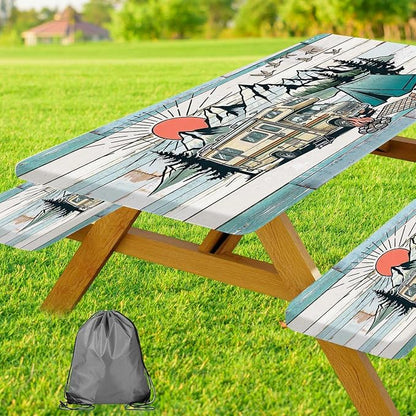JAWO Camper RV Picnic Table Cover with Bench Covers, Camping Essentials Gear Supplies Outdoor Waterproof Windproof Tablecloth with Elastic, 30X60in