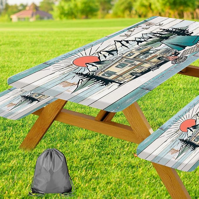 JAWO Camper RV Picnic Table Cover with Bench Covers, Camping Essentials Gear Supplies Outdoor Waterproof Windproof Tablecloth with Elastic, 30X72in