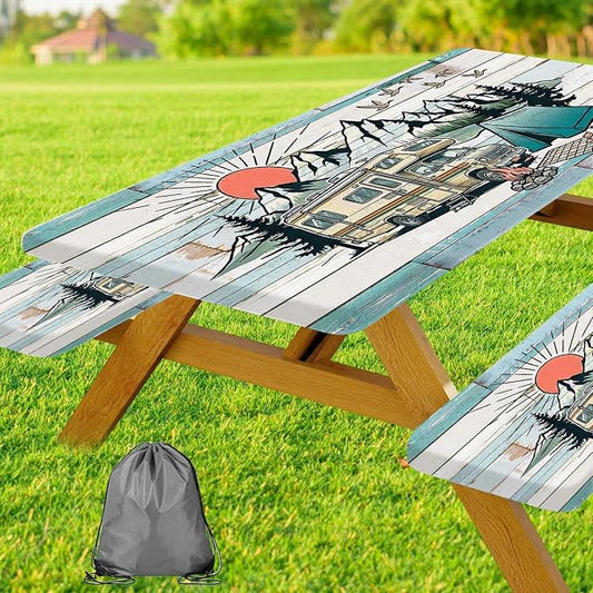 JAWO Camper RV Picnic Table Cover with Bench Covers, Camping Essentials Gear Supplies Outdoor Waterproof Windproof Tablecloth with Elastic, 30X96in