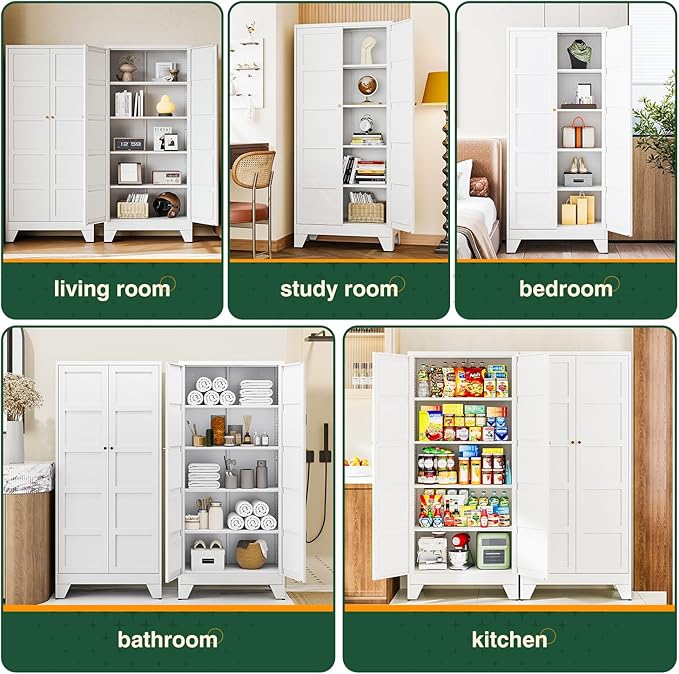 Letaya 71" H Metal Storage Cabinet with 2 Doors and 4 Shelves,Tall Kitchen Pantry Cabinets,Utility Pantry Organizers for Cupboard/Dining/Bathroom/Home Office/Garage (White, 71" H x 16" D x 32" W)
