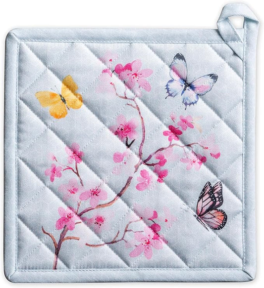 Maison d' Hermine Pot Holders 100% Cotton Heat Resistant Potholders 8" x 8" Hot Pads with Loop BBQ Baking Hotel Farmhouse Kitchen Handling Hot Pans Spring Summer (Pack of 1, Blossoms in Spring)