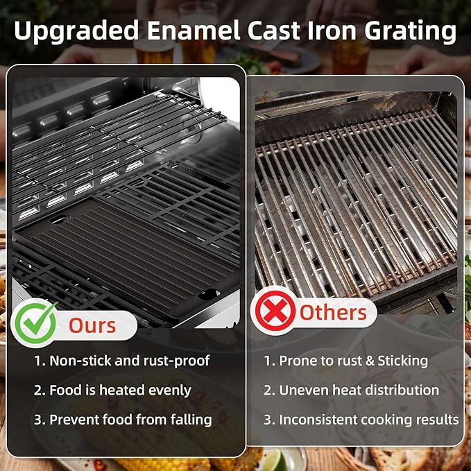 COWSAR 4-Burner Gas Grill, 42000 BTU BBQ Grill, Stainless Steel Barbecue Grill with Side Burner, Enameled Cast Iron Grill, Pull-Out Oil Tray, Suitable For Outdoor, Backyard Barbecues