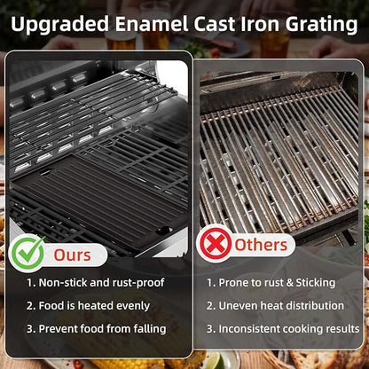 COWSAR 4-Burner Gas Grill, 42000 BTU BBQ Grill, Stainless Steel Barbecue Grill with Side Burner, Enameled Cast Iron Grill, Pull-Out Oil Tray, Suitable For Outdoor, Backyard Barbecues