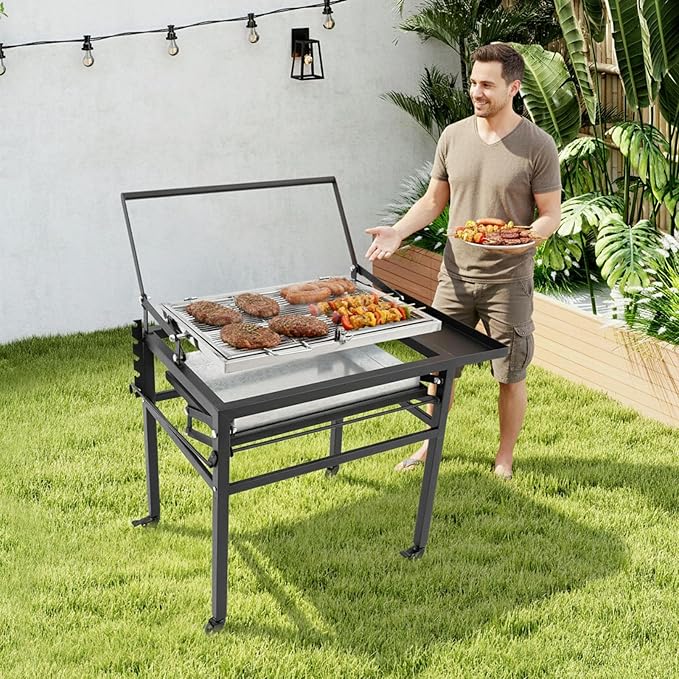 360° Rotating BBQ Charcoal Grill with Wheels, Movable Barbecue Grill Stand-up Detachable Portable Outdoor Charcoal Grill for Camping Garden Commercial Backyard, Heavy Duty Square, 23.6"x16.5" Grid