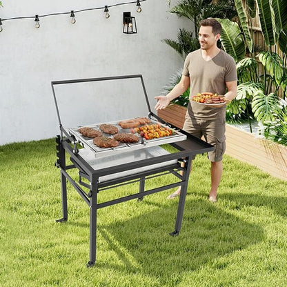 360° Rotating BBQ Charcoal Grill with Wheels, Movable Barbecue Grill Stand-up Detachable Portable Outdoor Charcoal Grill for Camping Garden Commercial Backyard, Heavy Duty Square, 23.6"x16.5" Grid