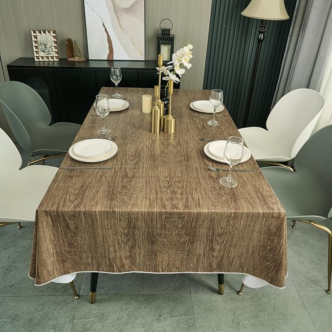 NLMUVW Vinyl Tablecloth with Flannel Backing 60 X 84 Inch, Outdoor Table Cloth Waterproof Wipe Clean PVC Table Cover for Dining Camping, Wood