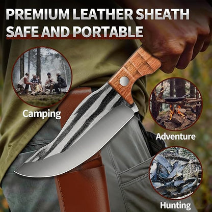 Plys Survival Knife 4” Full Tang Fixed Blade - Stainless Steel Hunting Camping Knife with Ergonomic Rosewood Handle & PU Leather Sheath for Outdoor Survival BBQ EDC