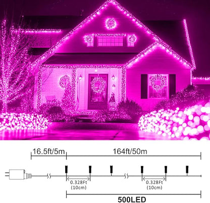 164 FT 500 LED Pink String Lights, Plug in Fairy Lights with 8 Modes, Waterproof Twinkle Light for Bedroom, Christmas Tree, Valentine's Day, Wedding Party, Halloween Decor