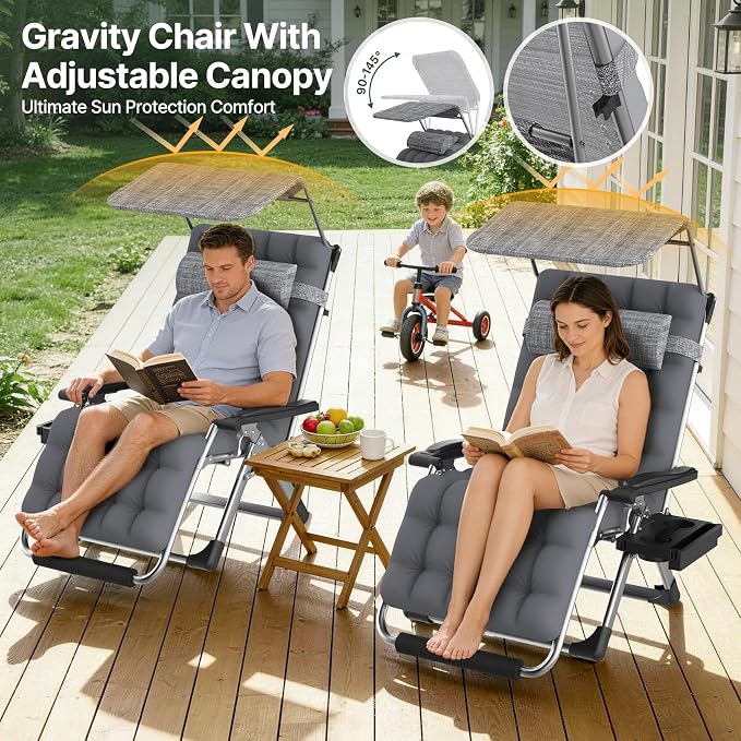 Suteck Zero Gravity Chair with Canopy,33In XXL Oversized Lounge Chairs | w/Removable Cushion&Headrest, Upgraded Lock and Footrest, Folding Reclining Patio Chairs Recliner for Indoor Outdoor