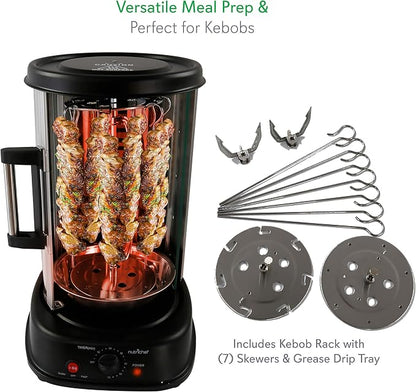 NutriChef Countertop Vertical Rotating Oven - Rotisserie Shawarma Machine, Kebob Machine, Stain & Heat Resistant Door & Energy Efficient, Includes Kebob Rack with 7 Skewers (PKRTVG34)