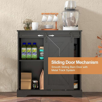 Panana Sliding Barn Door Buffet Sideboard Storage Cabinet Coffee Bar Kitchen Farmhouse Style (Black)