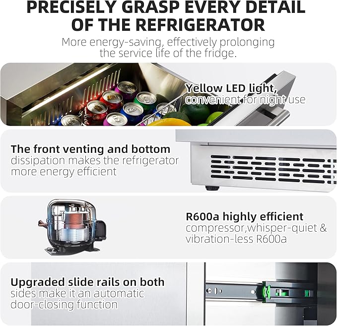24 inch Undercounter Refrigerators with Weatherproof Full Stainless Steel Body, Built-in Beverage Refrigerator for Home and Commercial Use, Stainless Steel Door, Fast Cooling, Low Noise, 37-65 °F