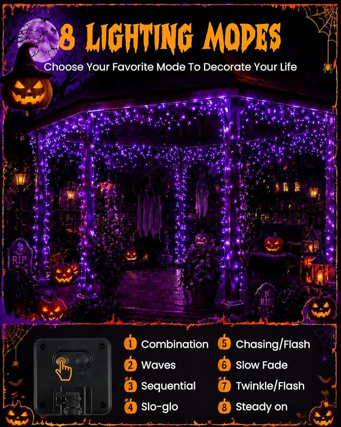Solar Halloween String Lights Outdoor 2Pack 80FT 200LED Purple Fairy Lights | 8 lighting Modes, Auto On/Off, IP65 Waterproof, Copper Wire Twinkle Lights for Garden Tree Patio Halloween Decorations