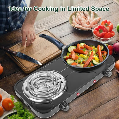 Double Burner Cooktop, 2000W Portable Electric Stove, 5 Level Temperature Control, 6” Heating Coil, Easy to Clean, Power Indicator Lights, Coil Hot Plate for Home Dorm Camping Cooking