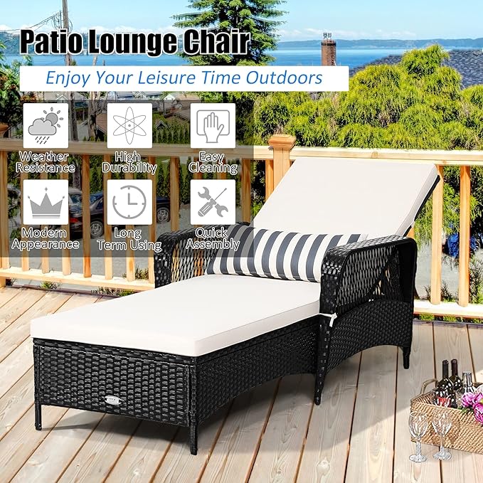 COSTWAY PE Rattan Chaise Lounge Chair, 6 Gear Adjustable Recliner with Armrest & Pillow, Wicker Outdoor Furniture for Deck, Patio (2, Black)